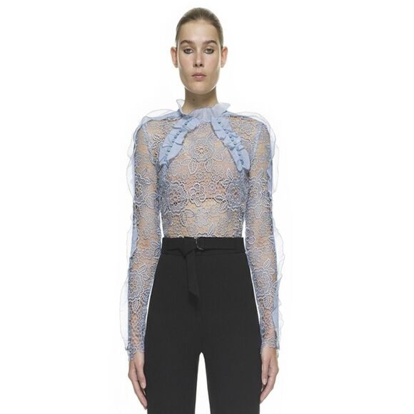Self Portrait Cut Out Lace Floral Ruffle Top in Ice Blue NWT Size 6 - Picture 2 of 9